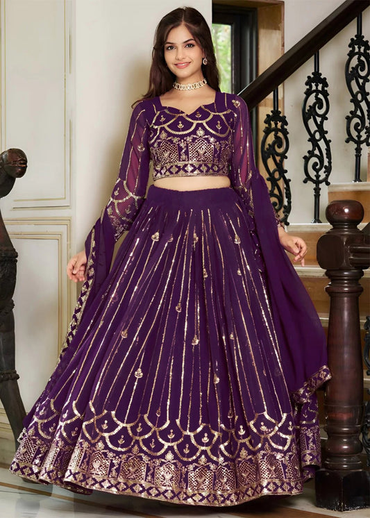 Embroidered, Embellished Semi Stitched Lehenga Choli  (Purple)