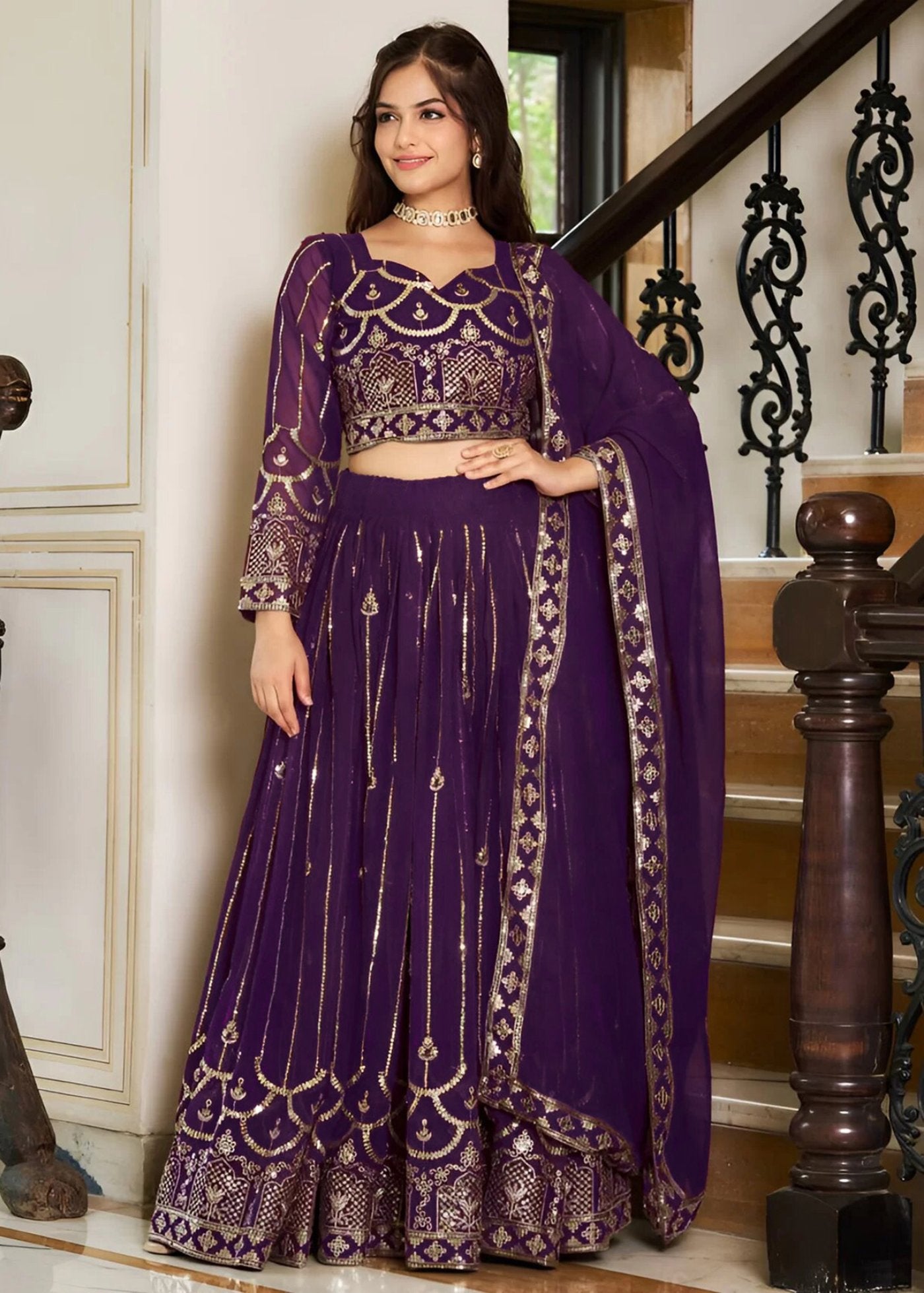 Embroidered, Embellished Semi Stitched Lehenga Choli  (Purple)