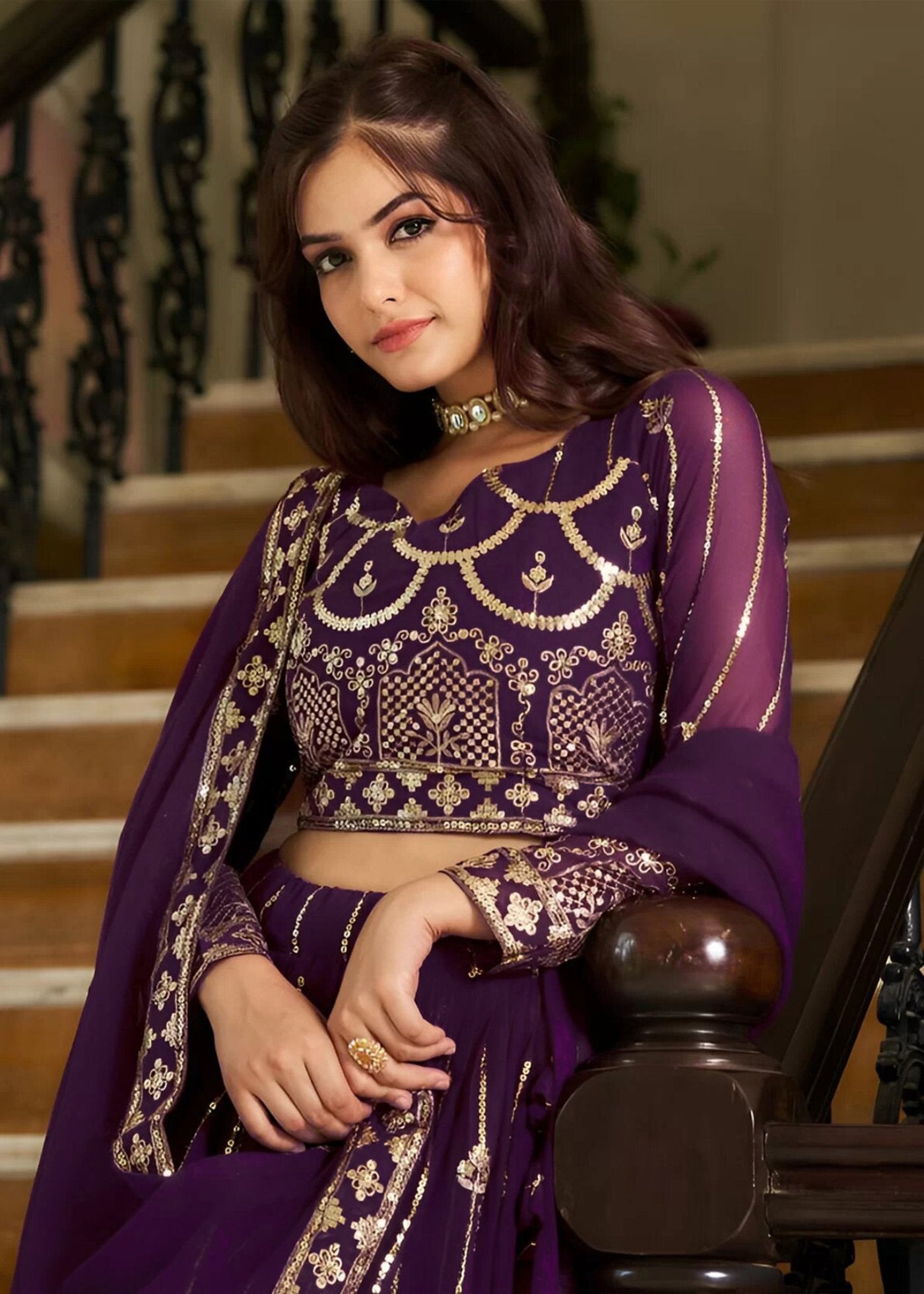 Embroidered, Embellished Semi Stitched Lehenga Choli  (Purple)