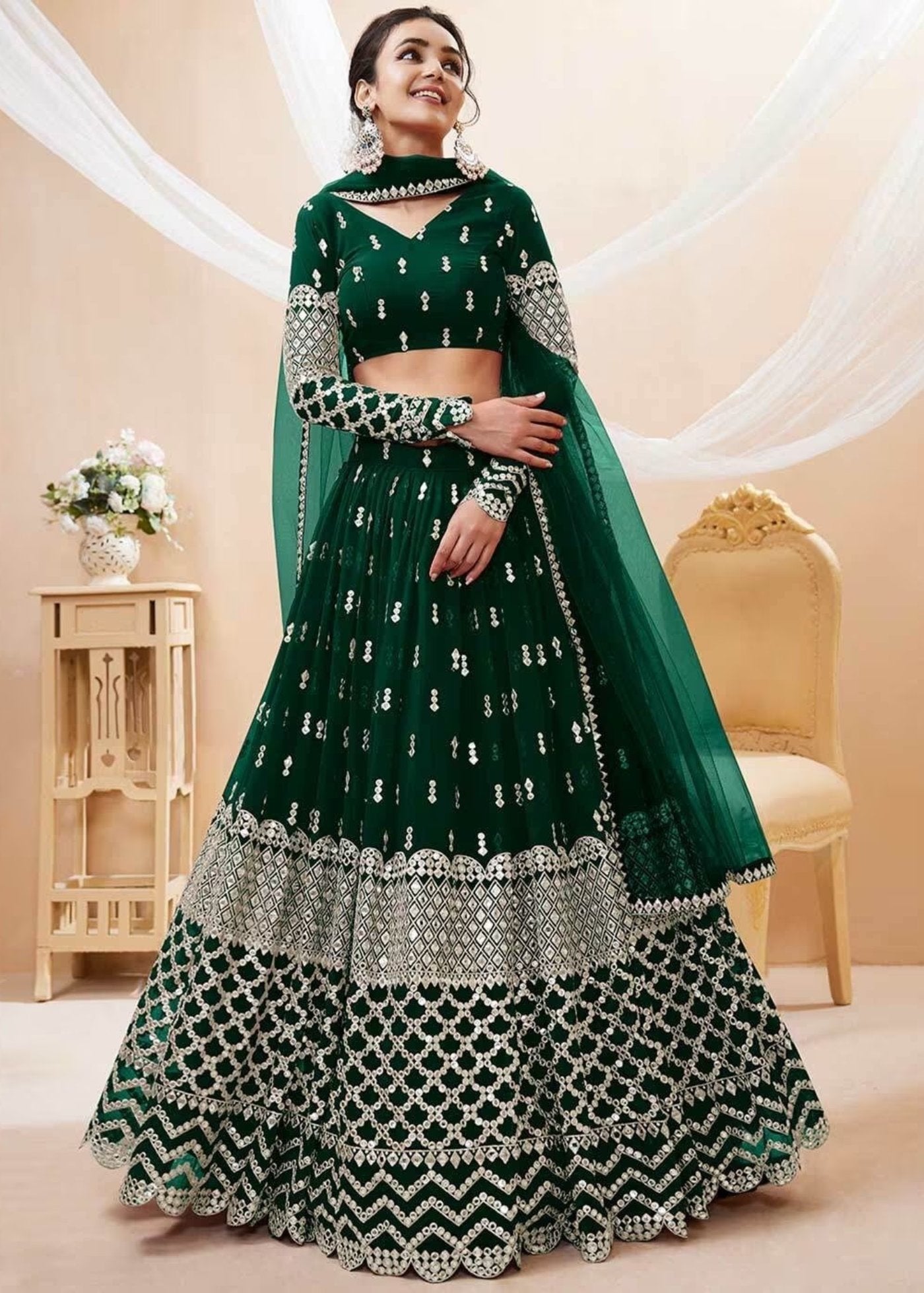 Embroidered Semi Stitched Lehenga Choli  Dupatta Set