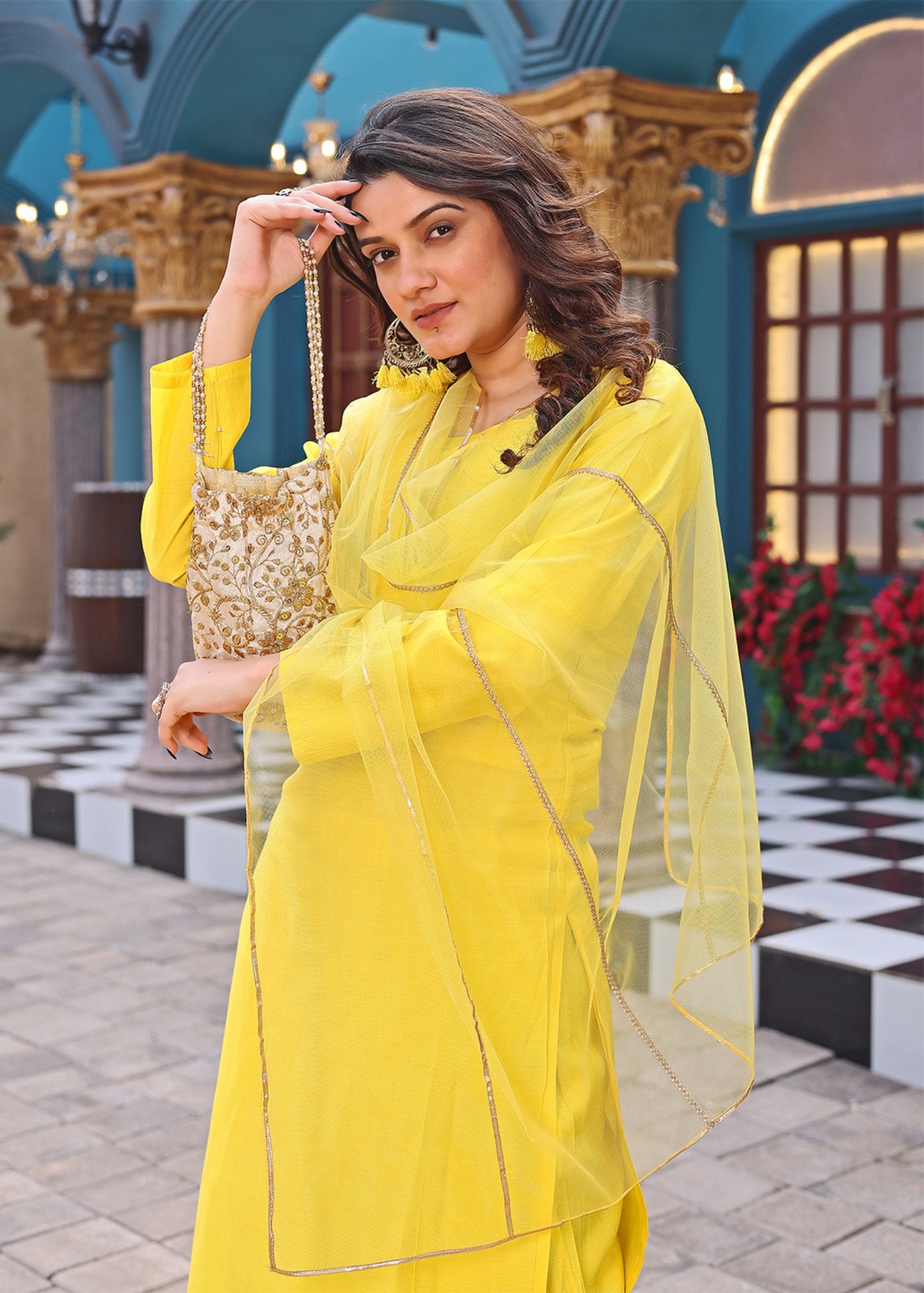 Women Silk  Haldi Kurta Pant Dupatta Set