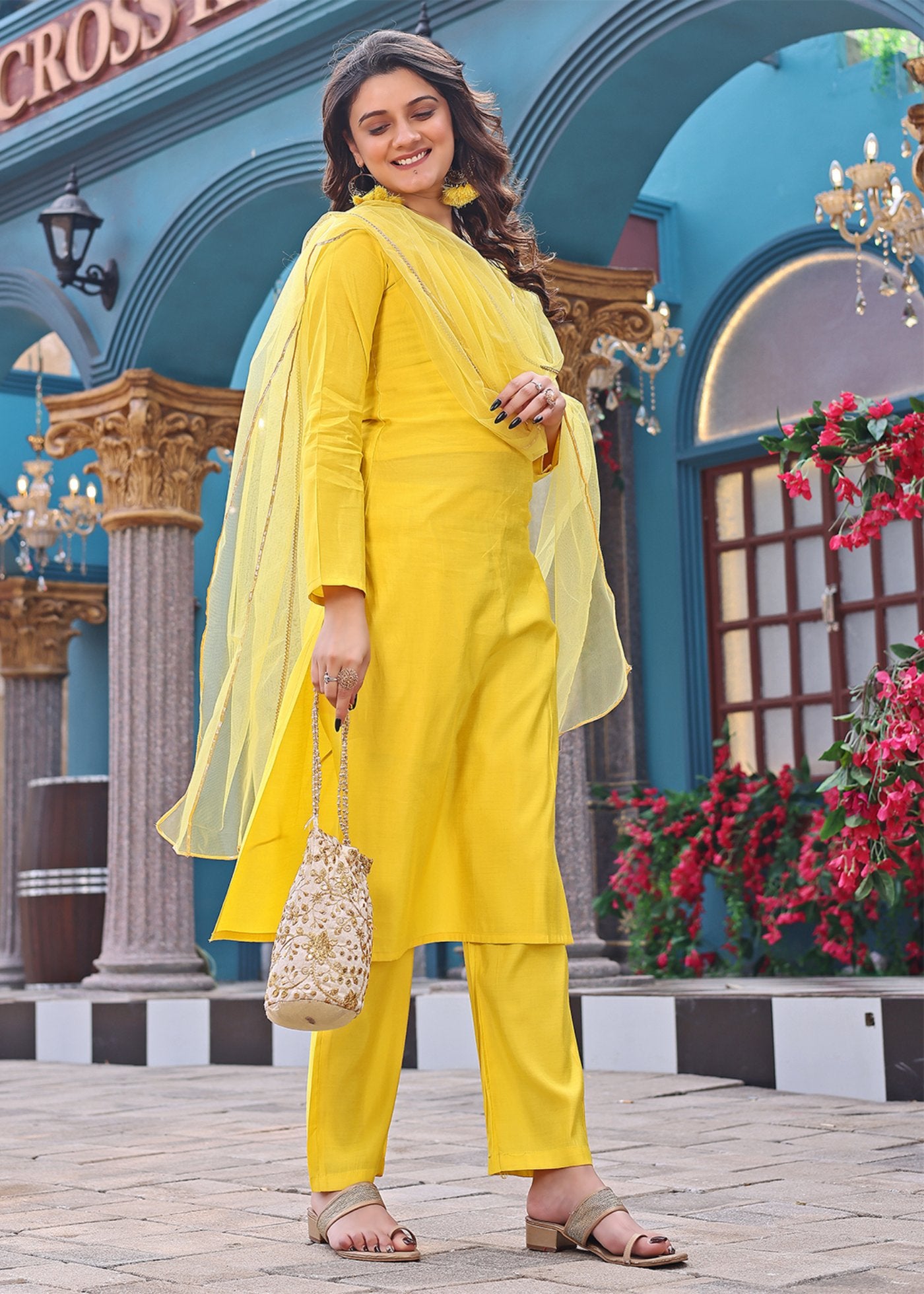 Women Silk  Haldi Kurta Pant Dupatta Set