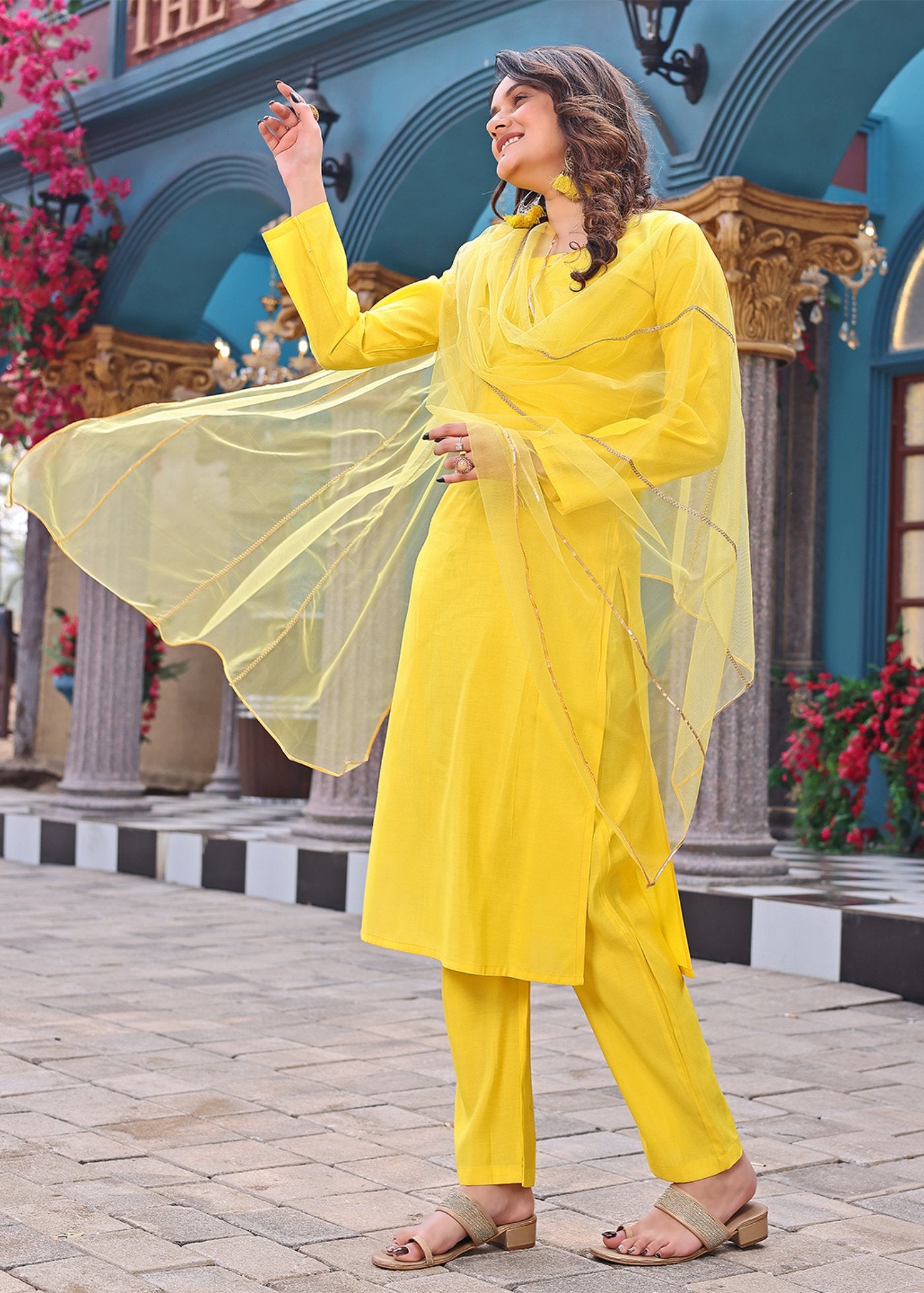 Women Silk  Haldi Kurta Pant Dupatta Set