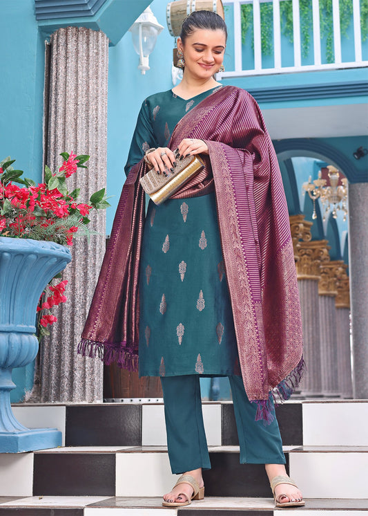 Women Jacquard Kurta Pant Dupatta Set