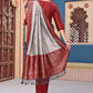Women Jacquard Maroon Kurta Pant Dupatta Set