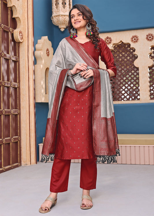 Women Jacquard Maroon Kurta Pant Dupatta Set