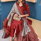 Women Jacquard Maroon Kurta Pant Dupatta Set