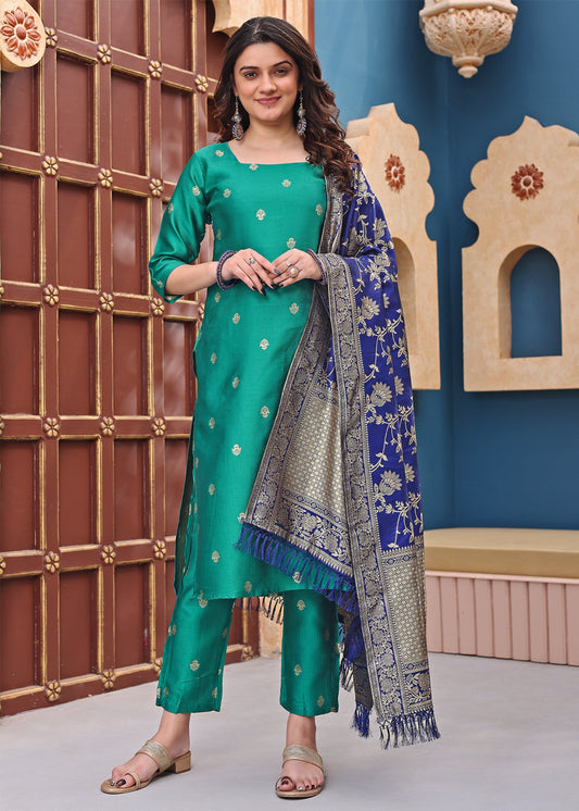 Women Jacquard Kurta Pant Dupatta Set