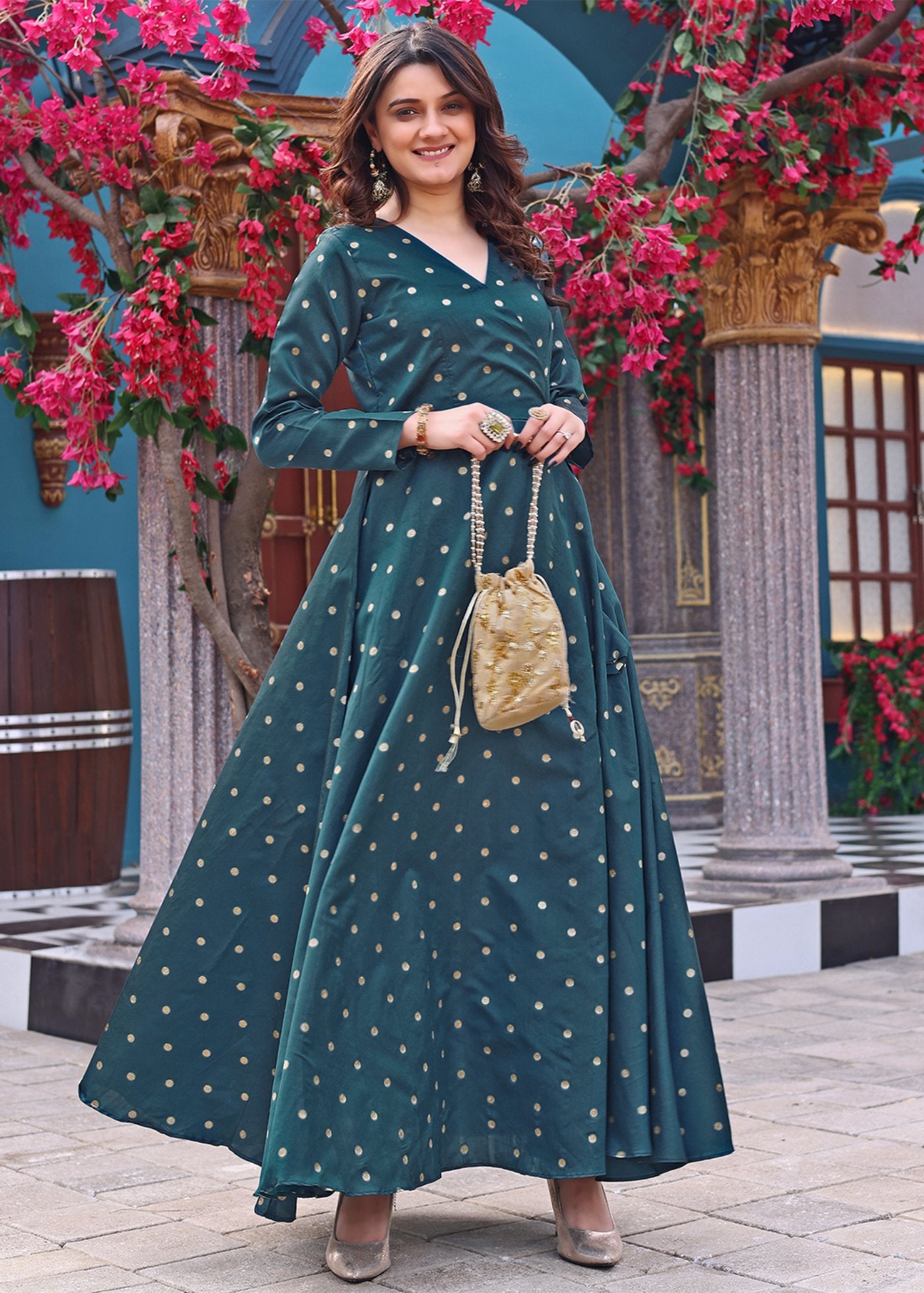 Women Woven Jacquard Stitched Anarkali Gown