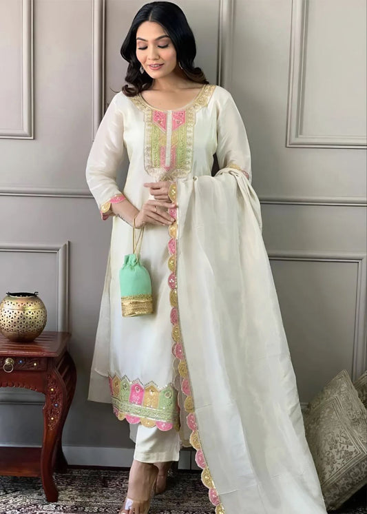 Women Silk White Kurta Pant Dupatta Set