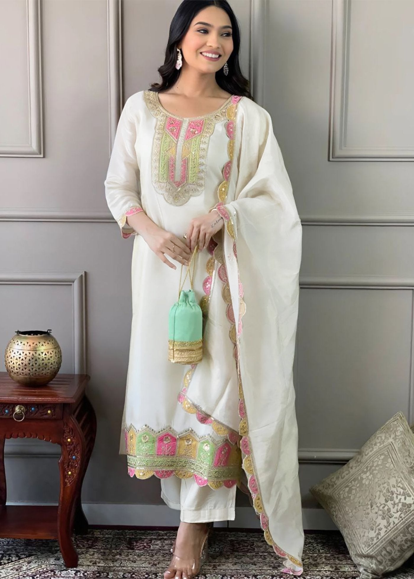 Women Silk White Kurta Pant Dupatta Set