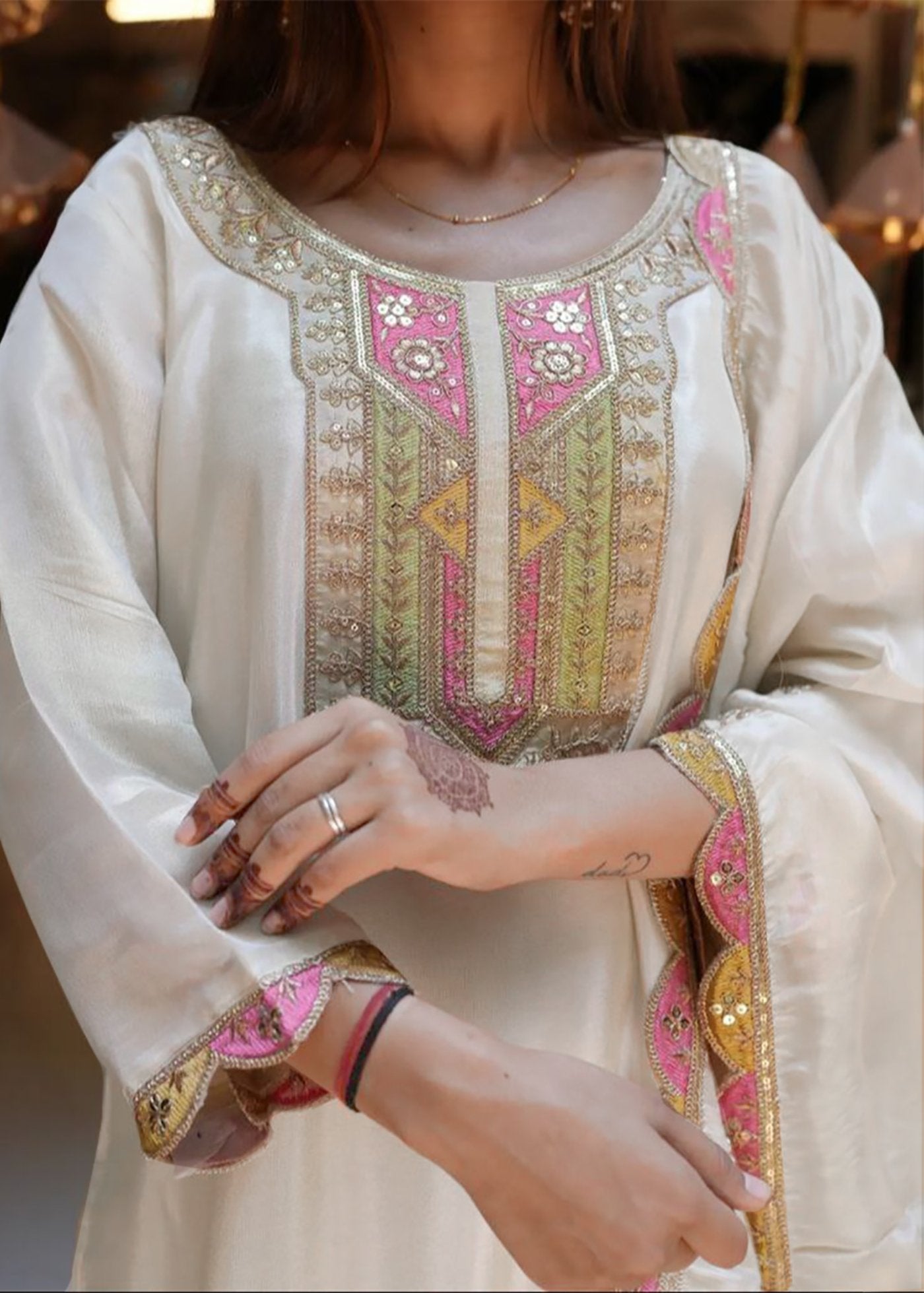 Women Silk White Kurta Pant Dupatta Set