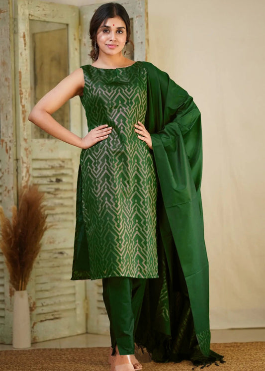 Women Silk Olive Kurta Pant Dupatta Set