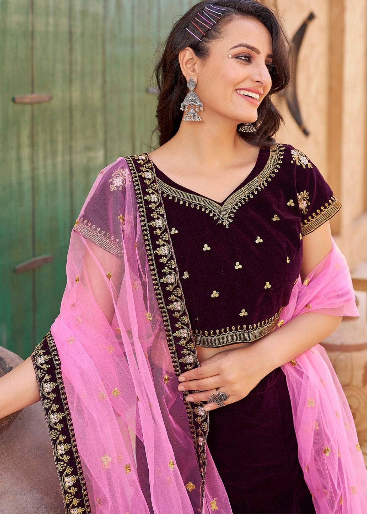 Embroidered Semi Stitched Lehenga Choli  Dupatta Set