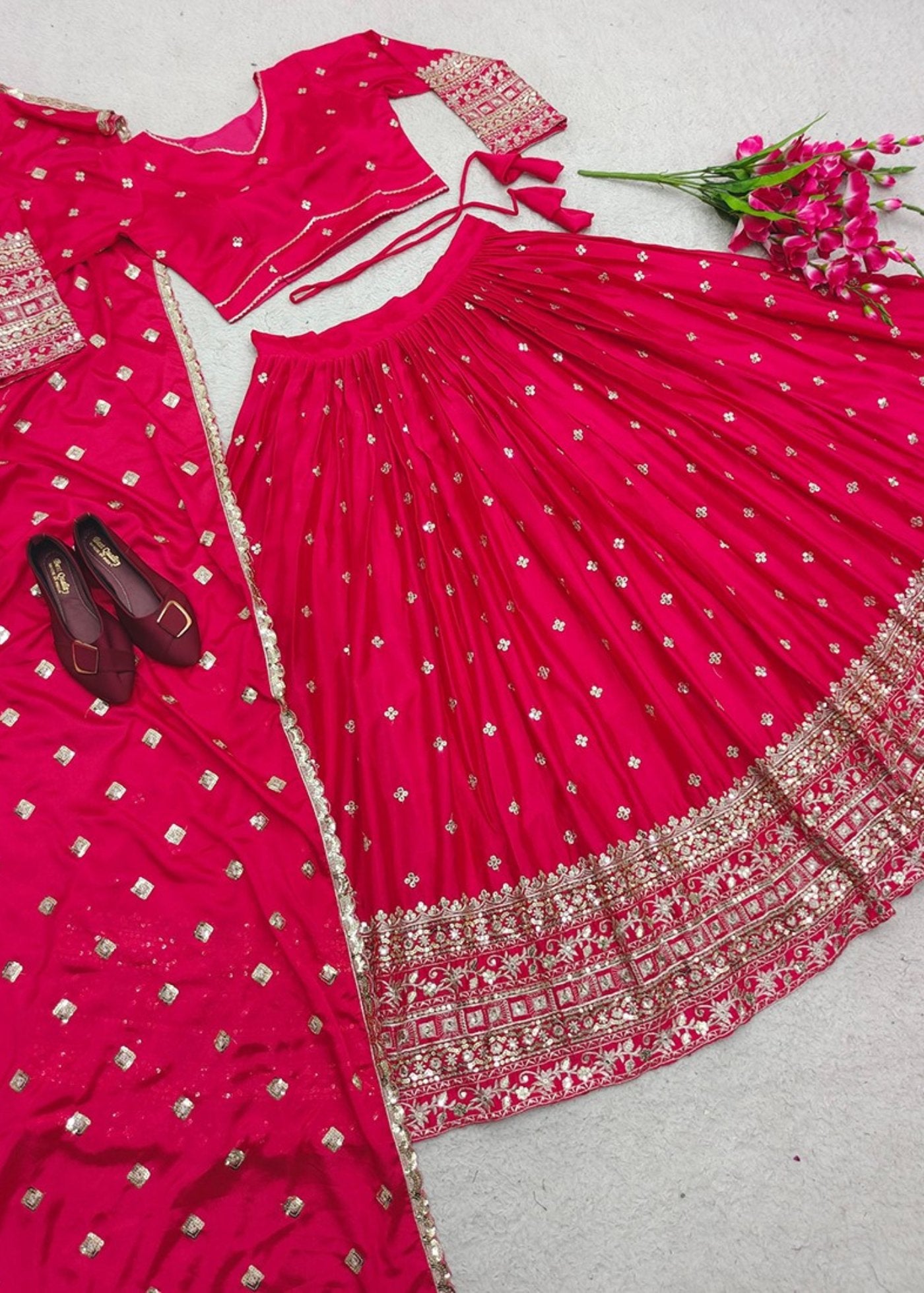 women's chinnon sequins embroidered lehenga choli set