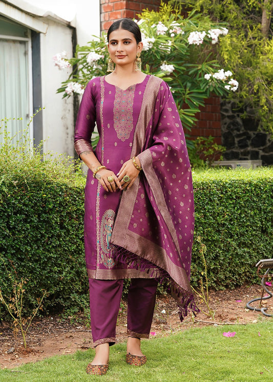 Women Jacquard Kurta Pant Dupatta Set