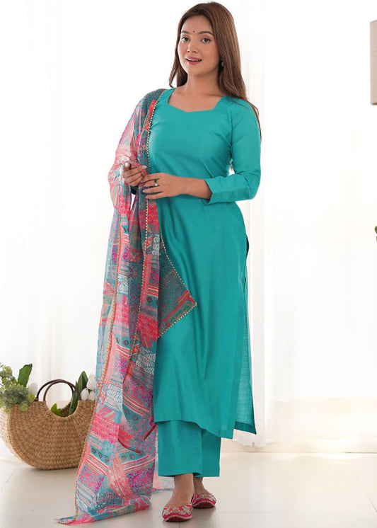 Women Roman Silk Kurta Pant Dupatta Set