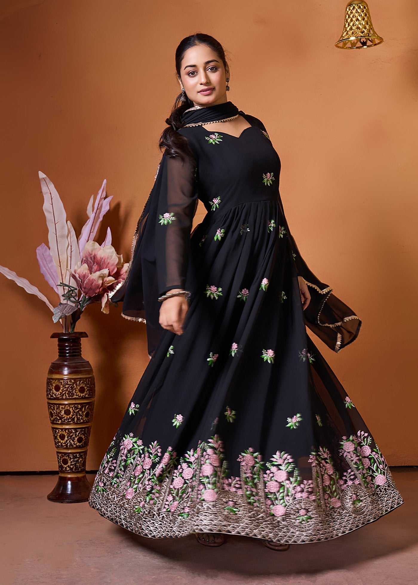 Embroidered Georgette Stitched Anarkali Gown With Dupatta