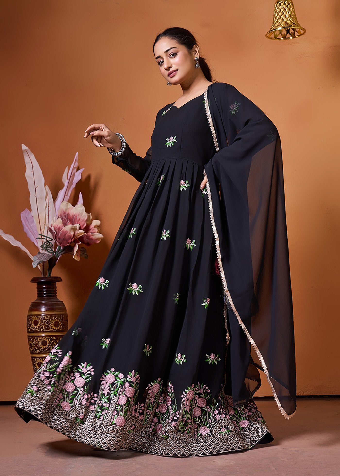 Embroidered Georgette Stitched Anarkali Gown With Dupatta