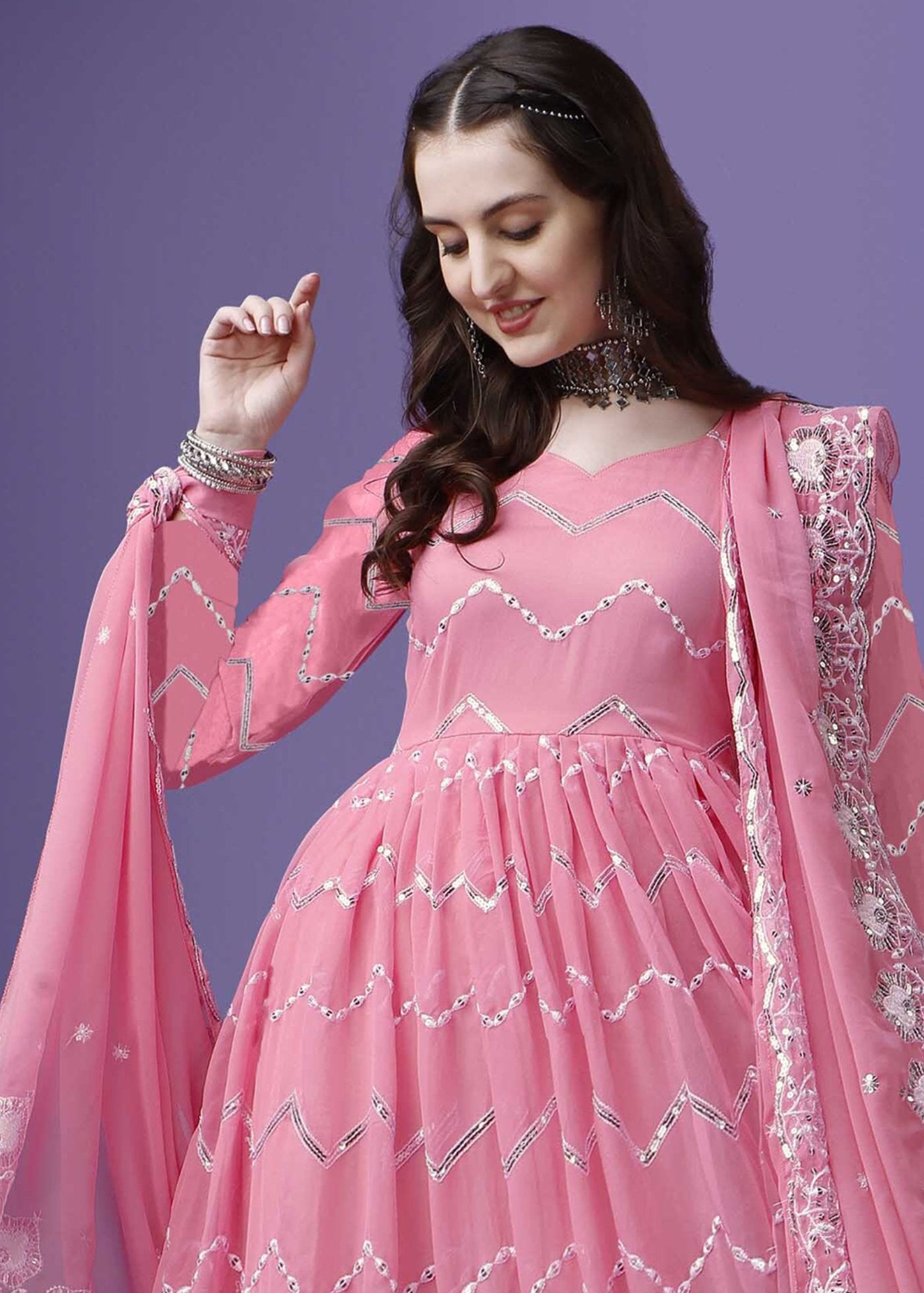 Embroidered Georgette Stitched Anarkali Gown With dupatta