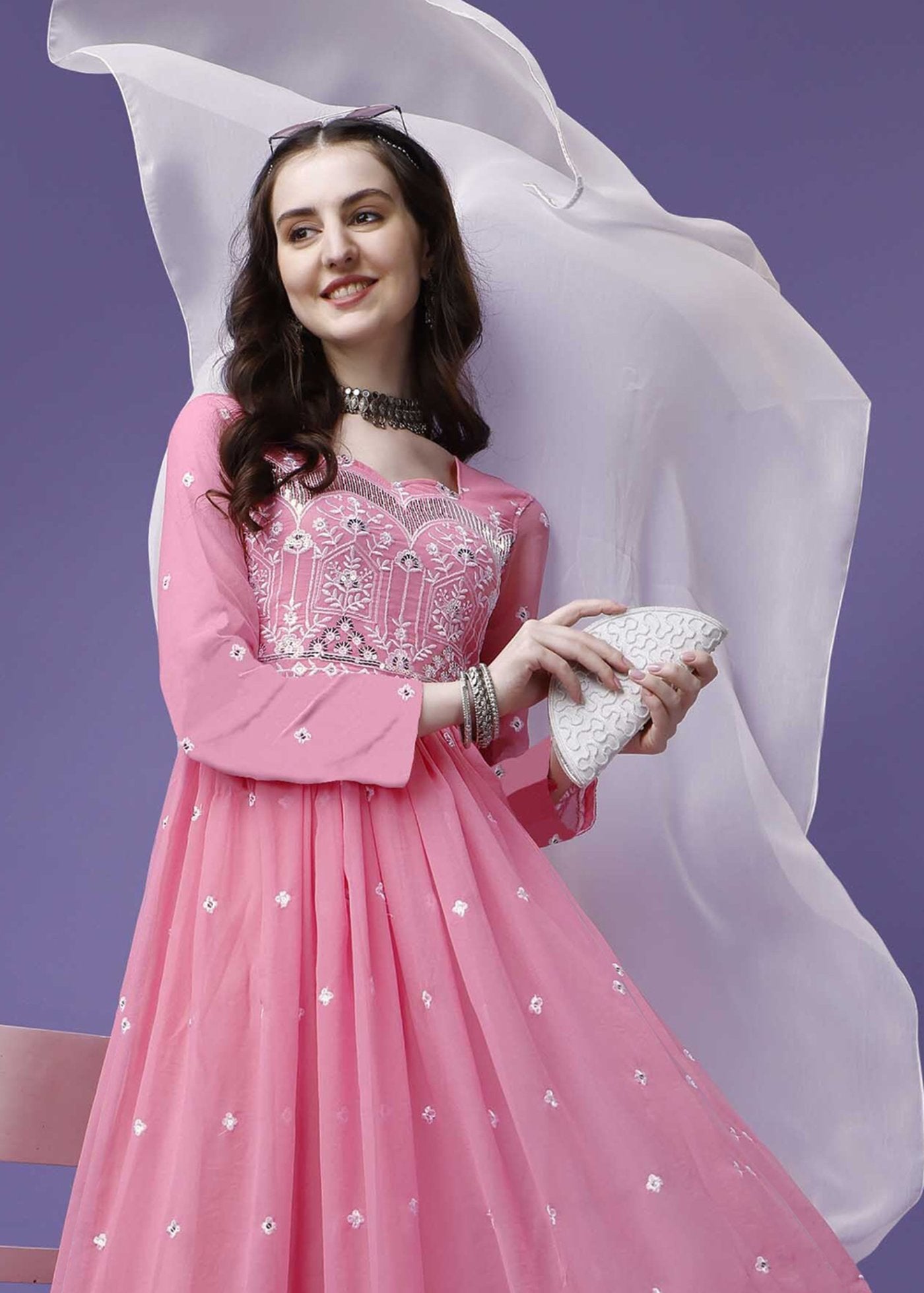 Embroidered Georgette Stitched Anarkali Gown With Dupatta