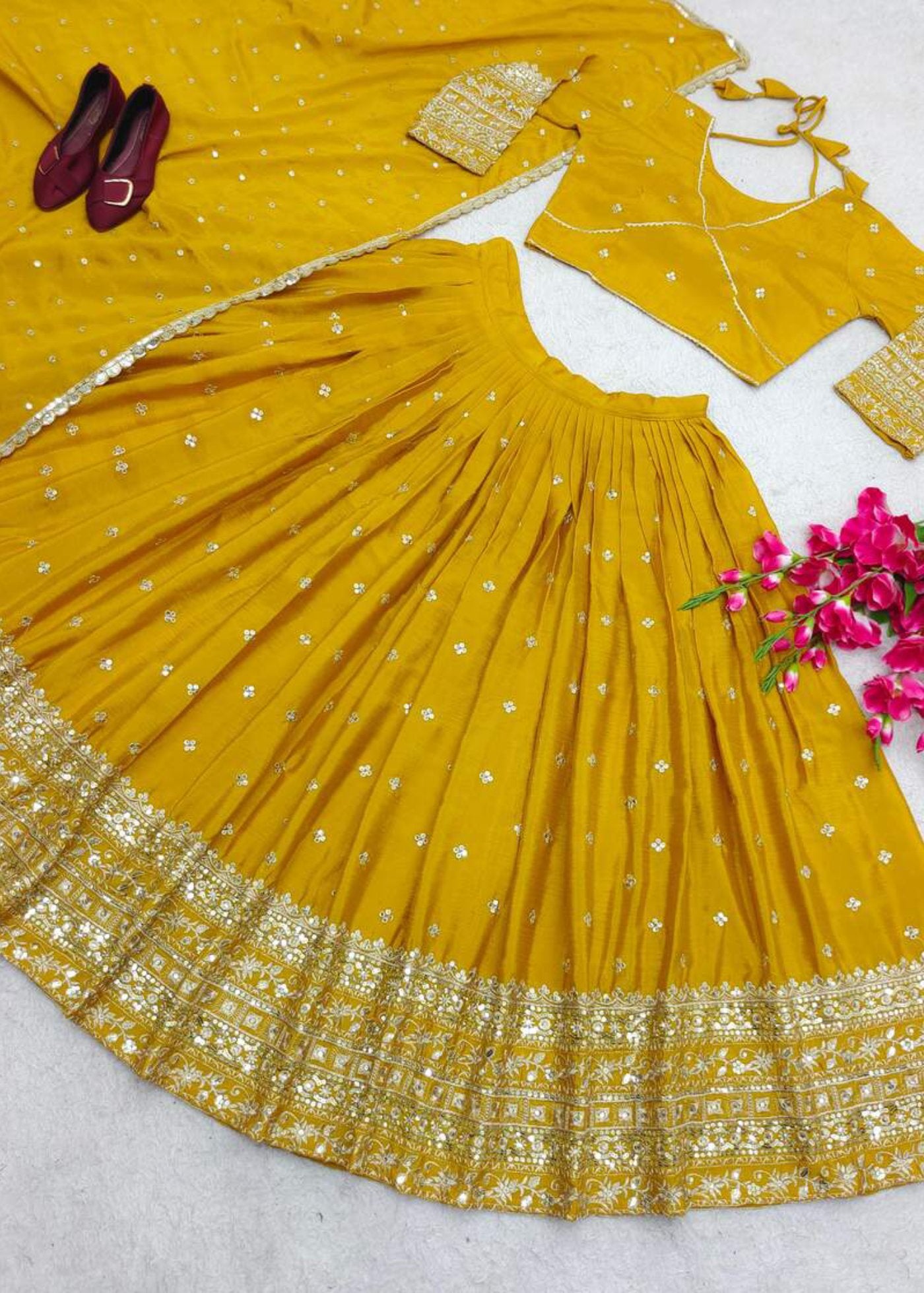 women's chinnon sequins embroidered lehenga choli set