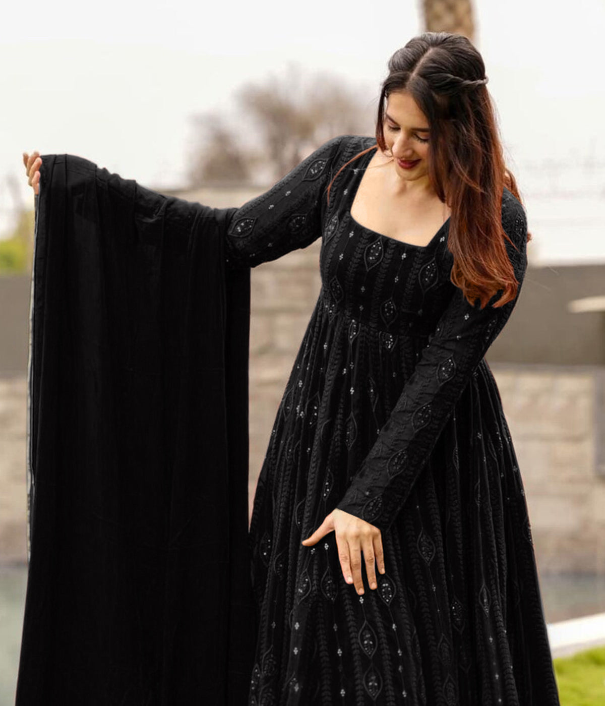 Embroidered Georgette Stitched Anarkali Gown With Dupatta