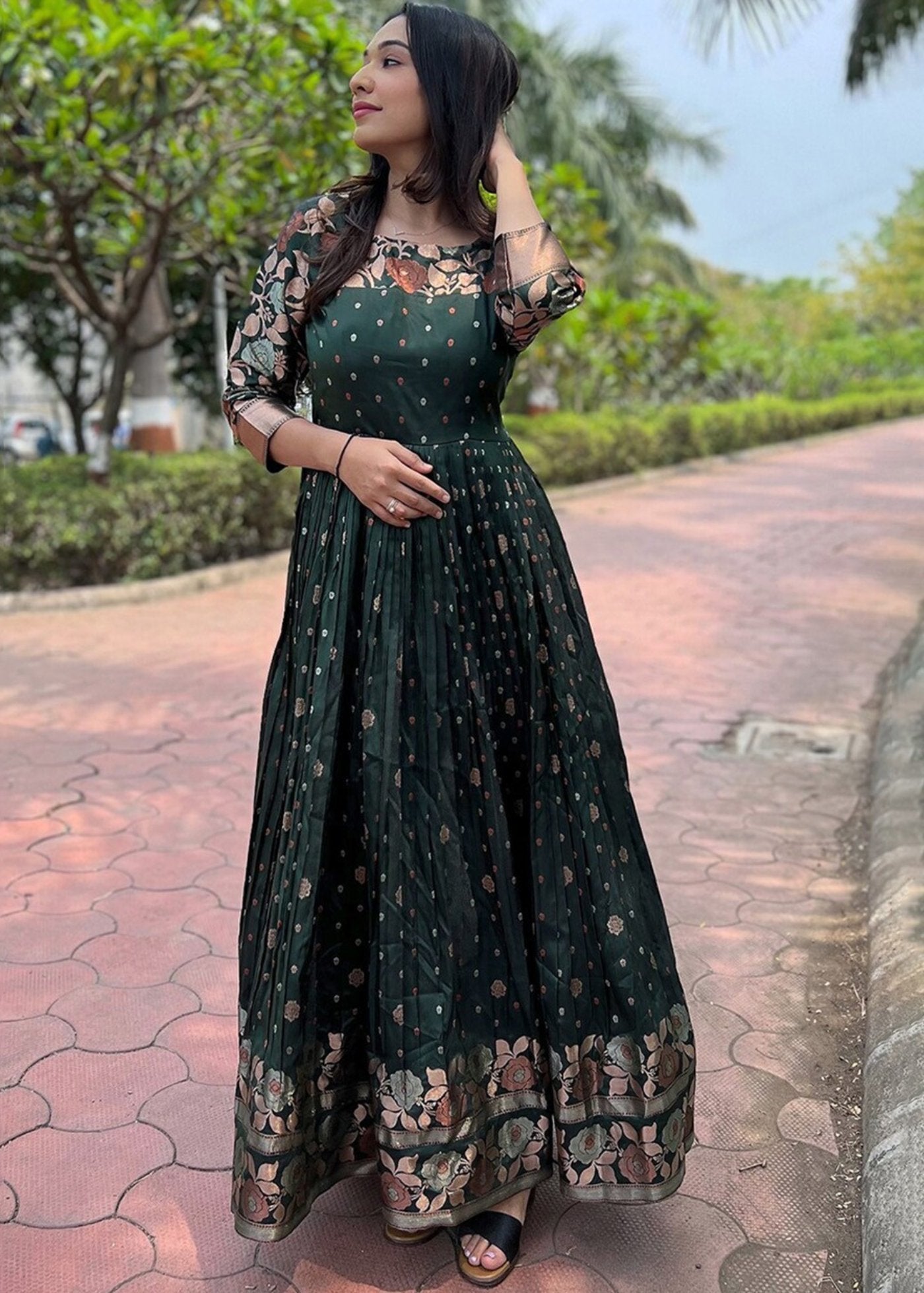Women Woven Jacquard Stitched Anarkali Gown