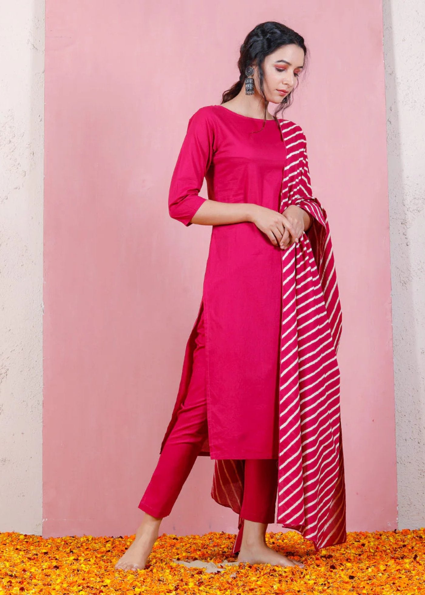 Women Silk Coral Kurta Pant Dupatta Set