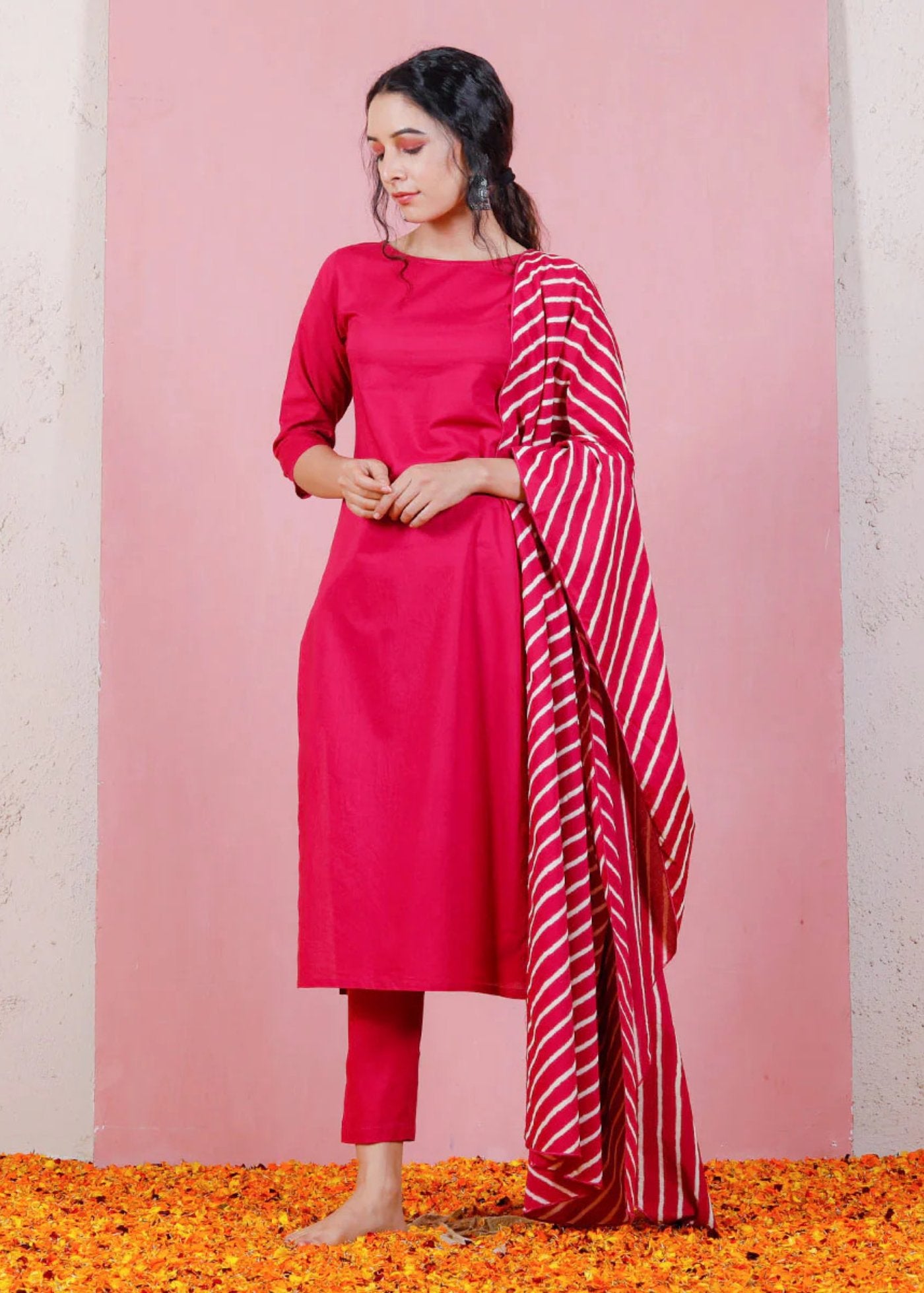 Women Silk Coral Kurta Pant Dupatta Set