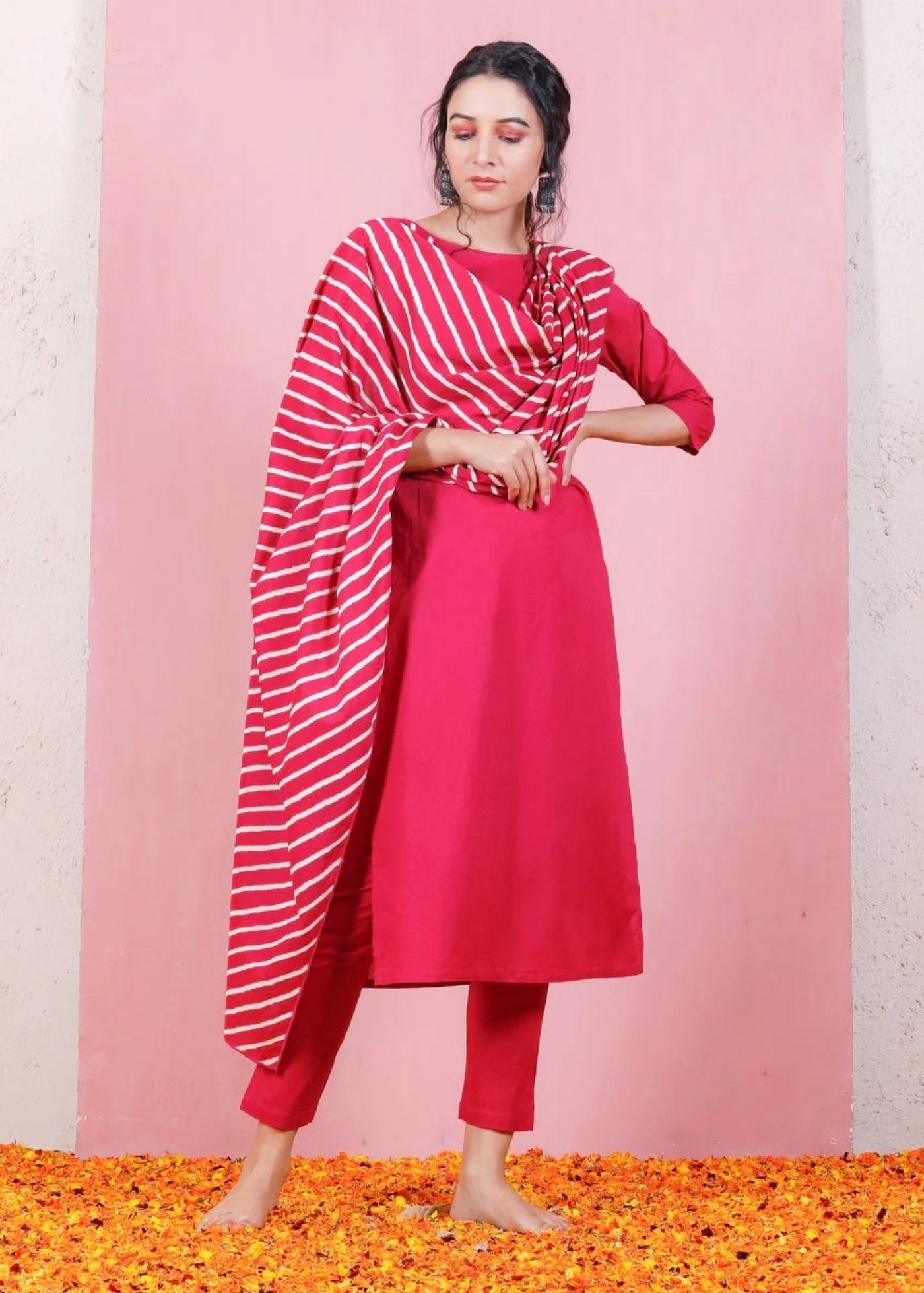 Women Silk Coral Kurta Pant Dupatta Set