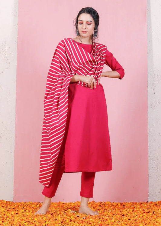 Women Silk Coral Kurta Pant Dupatta Set