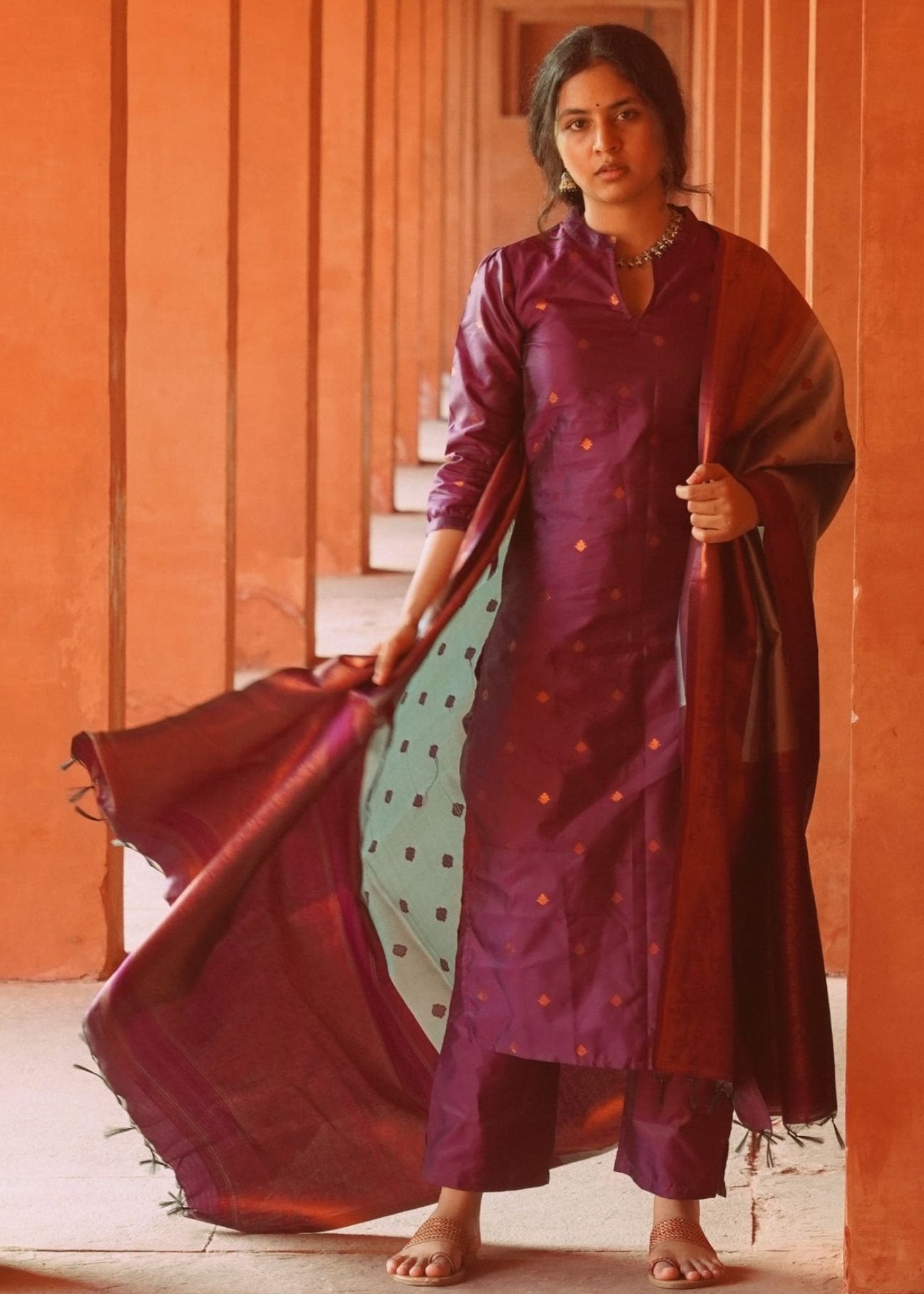 Women Jacquard Ornet Kurta Pant Dupatta Set