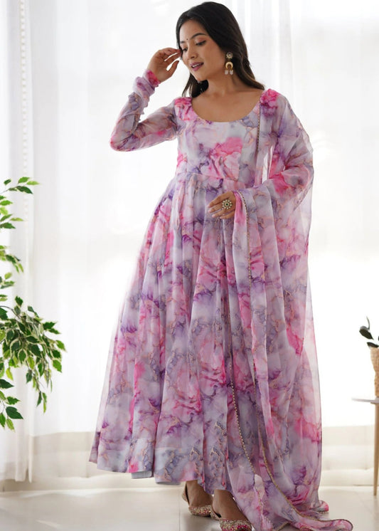Printed Georgette Stitched Anarkali Gown With Dupatta