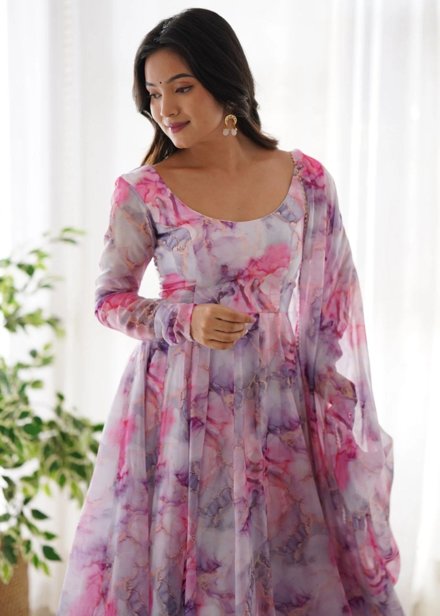 Printed Georgette Stitched Anarkali Gown With Dupatta