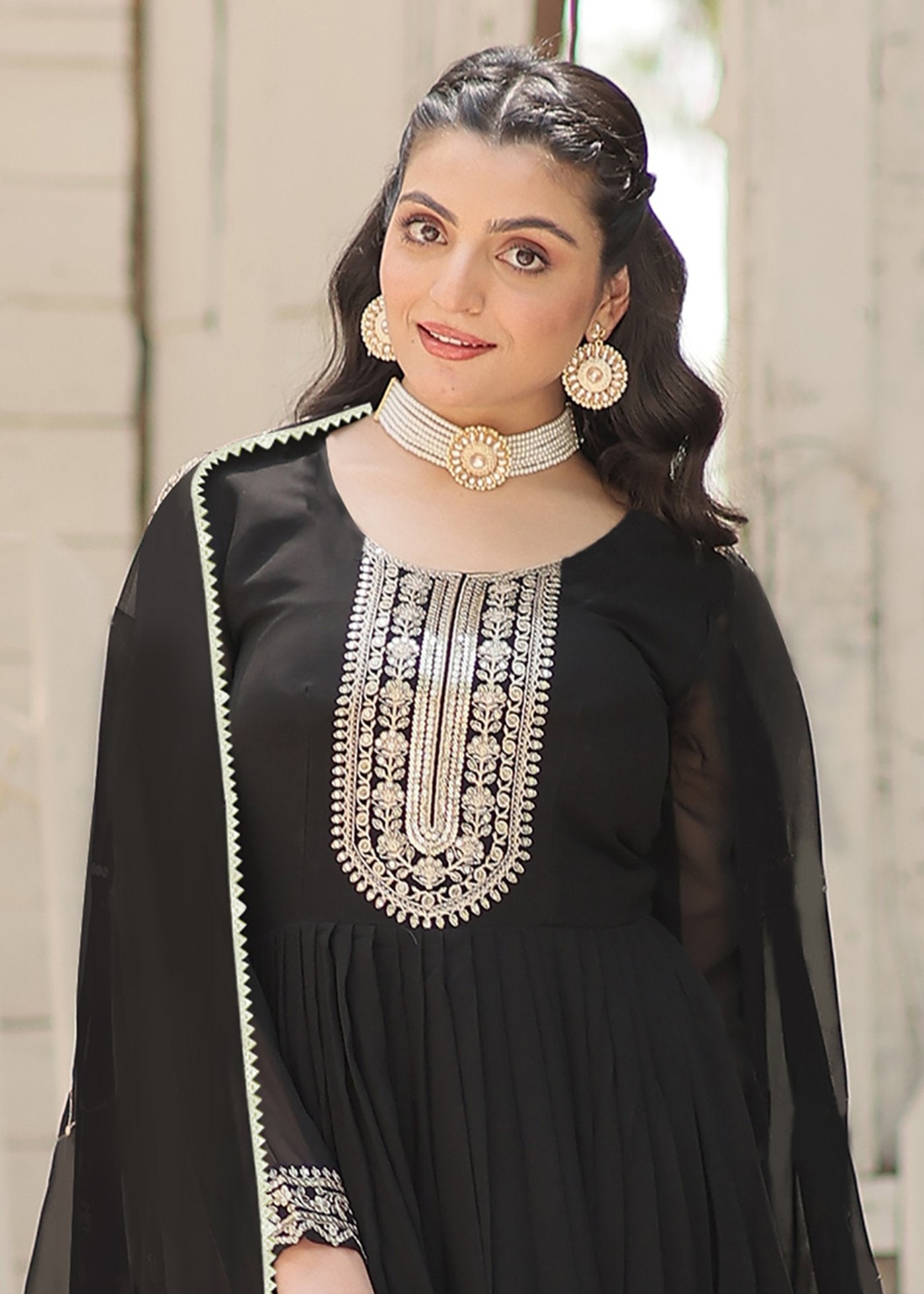Embroidered Georgette Stitched Anarkali Gown with Dupatta
