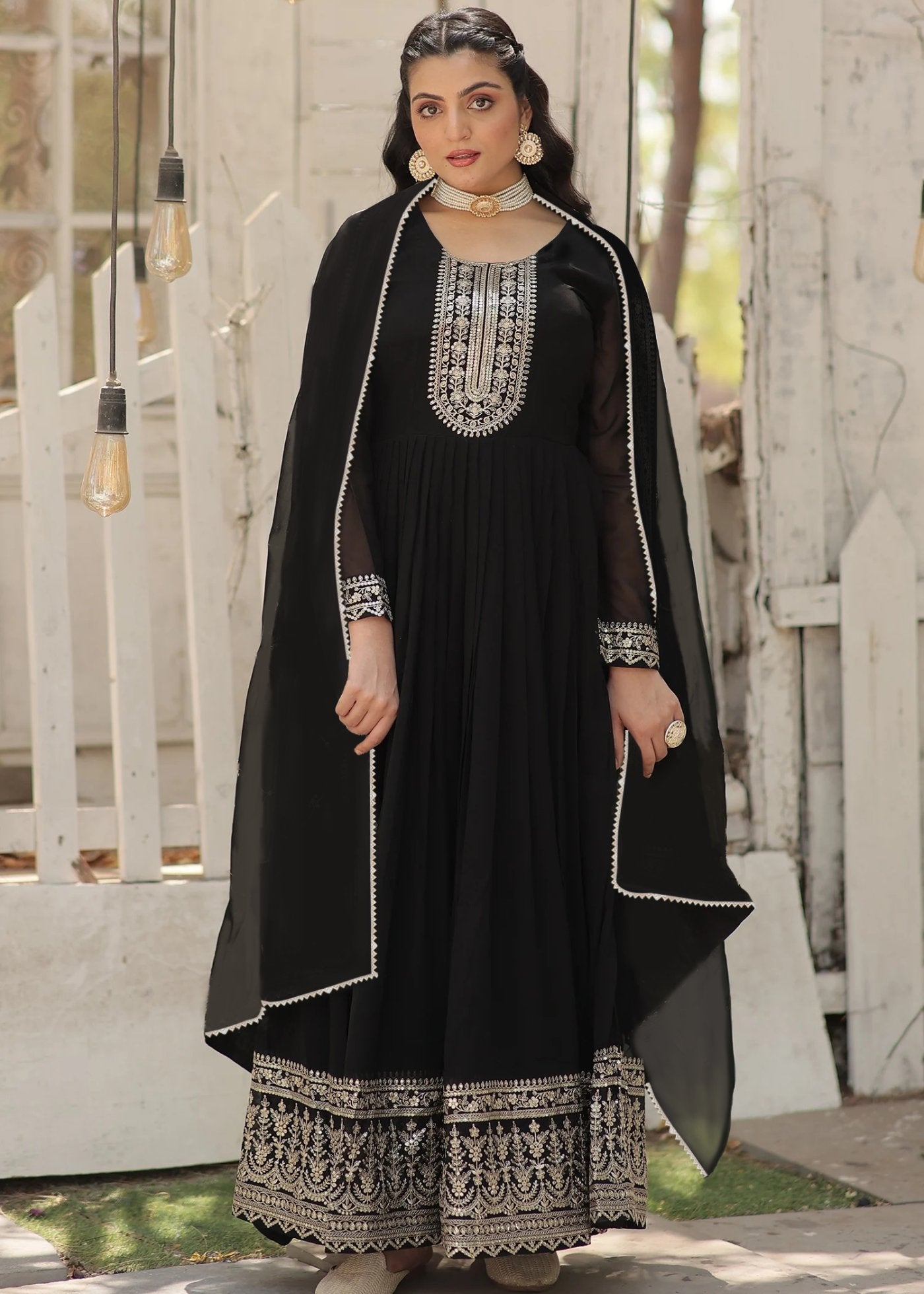 Embroidered Georgette Stitched Anarkali Gown with Dupatta