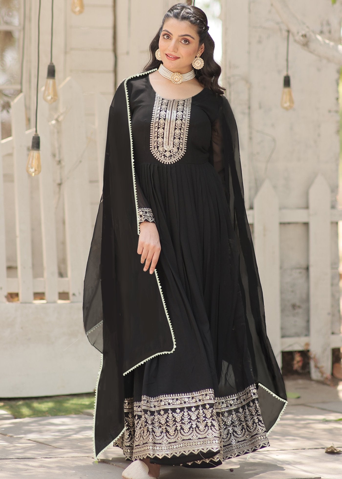 Embroidered Georgette Stitched Anarkali Gown with Dupatta