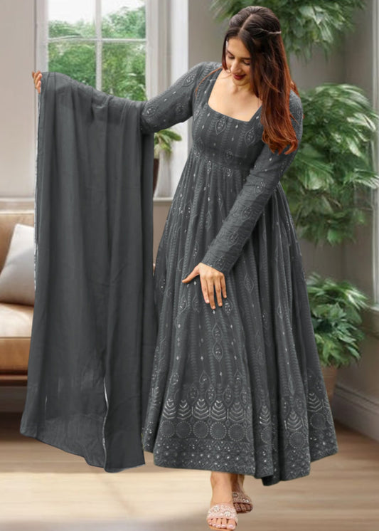 Embroidered Georgette Stitched Anarkali Gown With Dupatta