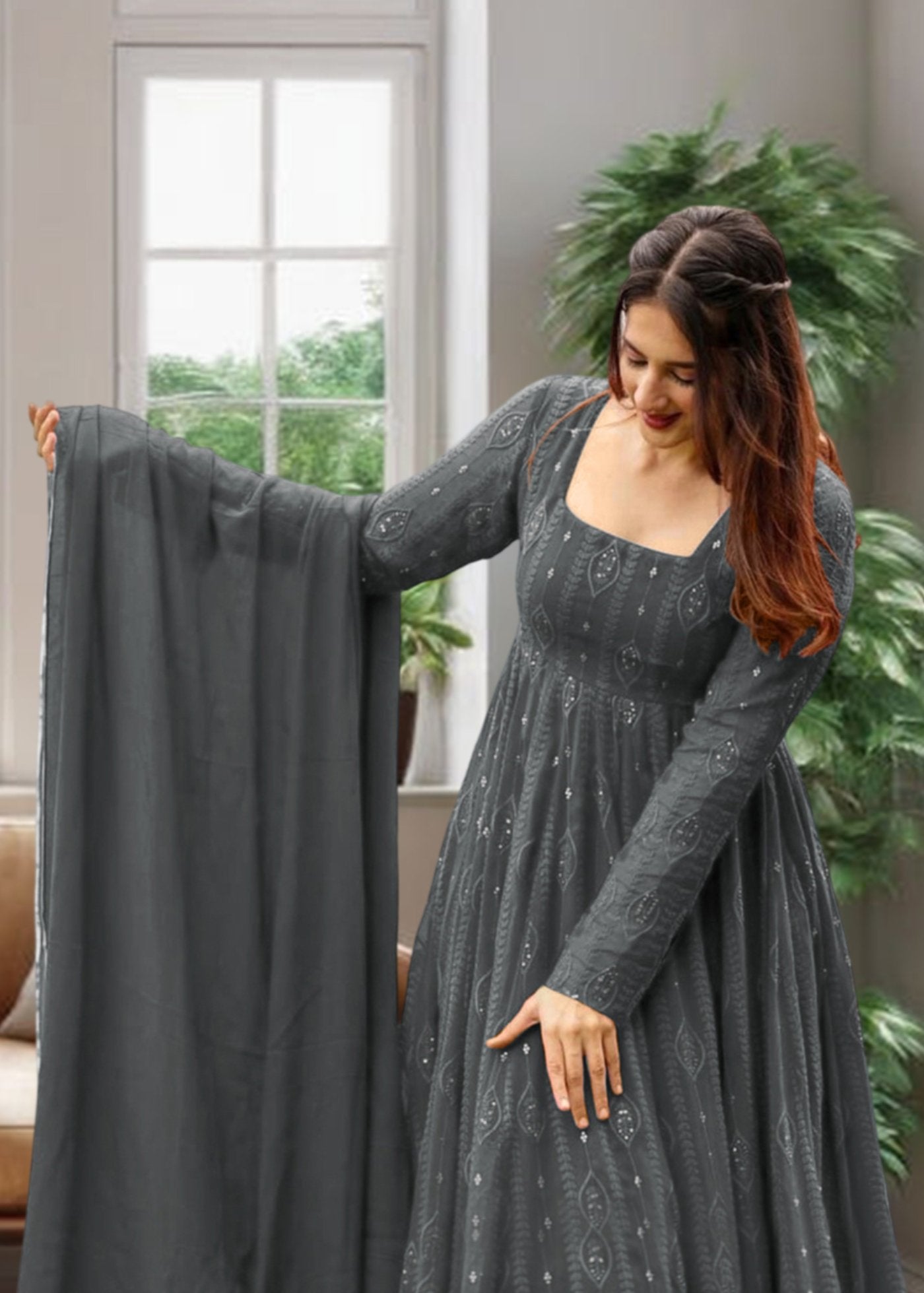 Embroidered Georgette Stitched Anarkali Gown With Dupatta