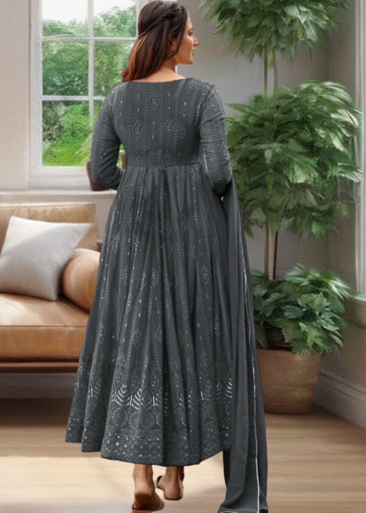 Embroidered Georgette Stitched Anarkali Gown With Dupatta