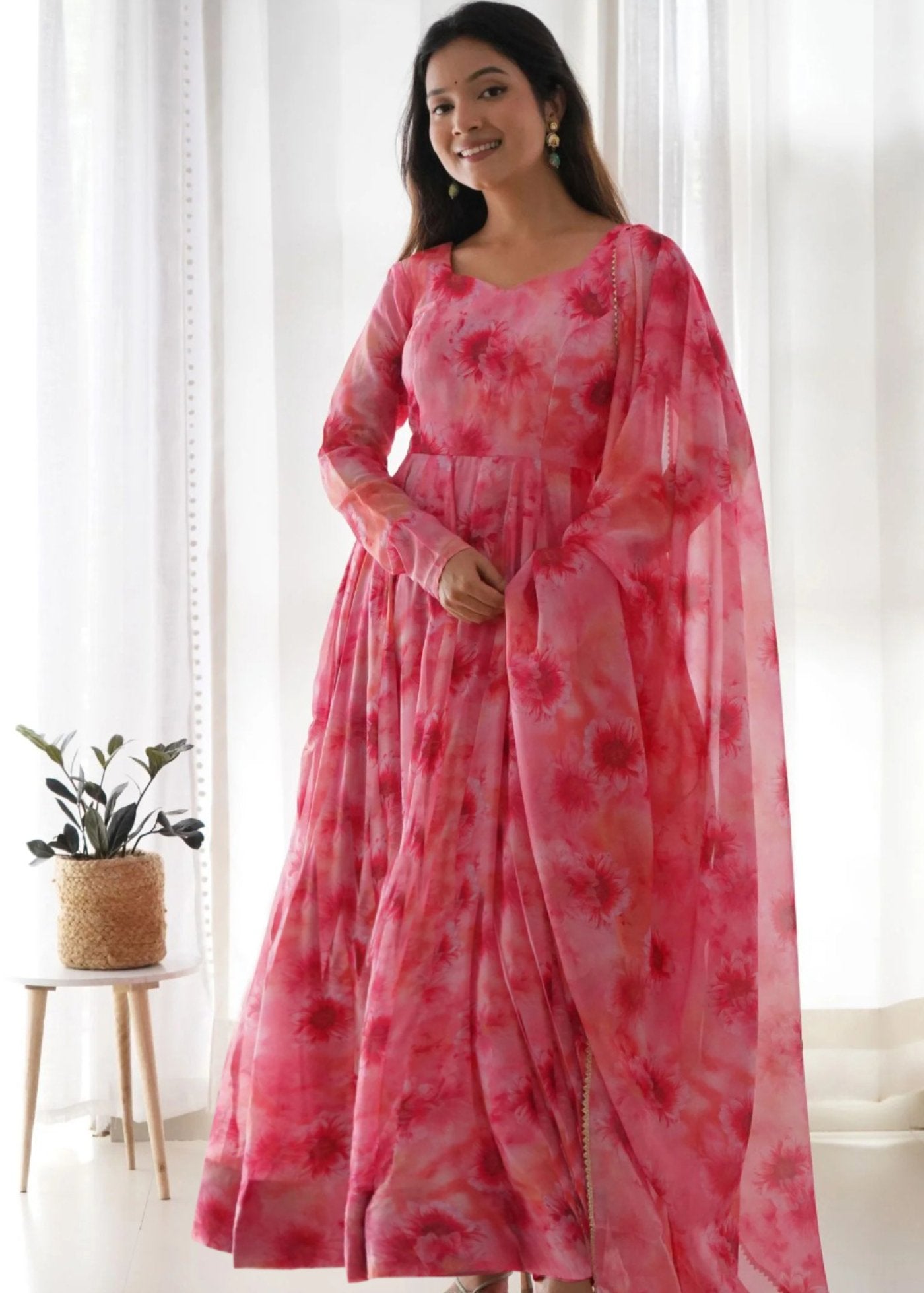 Printed Georgette Stitched Anarkali Gown With Dupatta