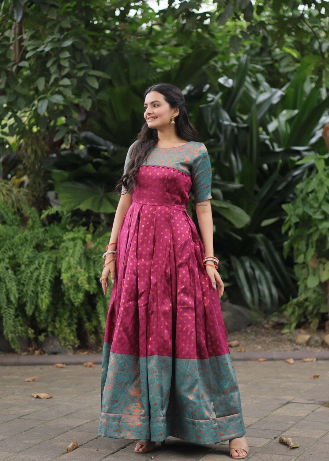 Women Woven Jacquard Stitched Anarkali Gown