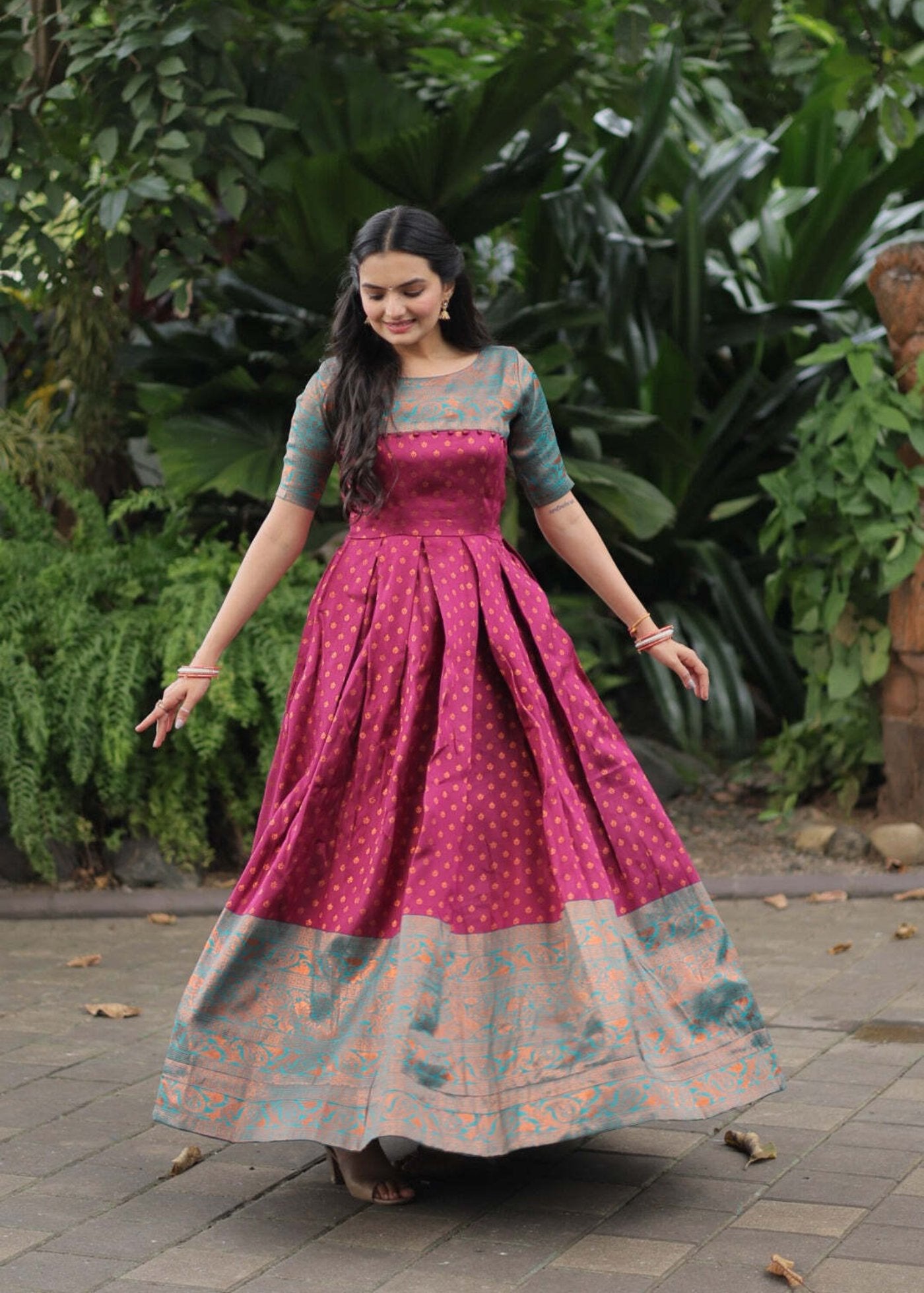 Women Woven Jacquard Stitched Anarkali Gown