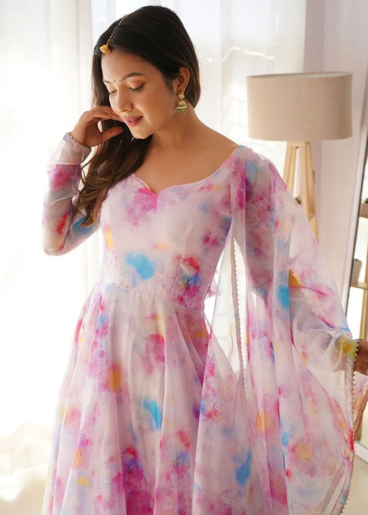 Printed Georgette Stitched Anarkali Gown With Duptta