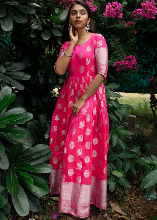 Women Woven Jacquard Stitched Anarkali Gown