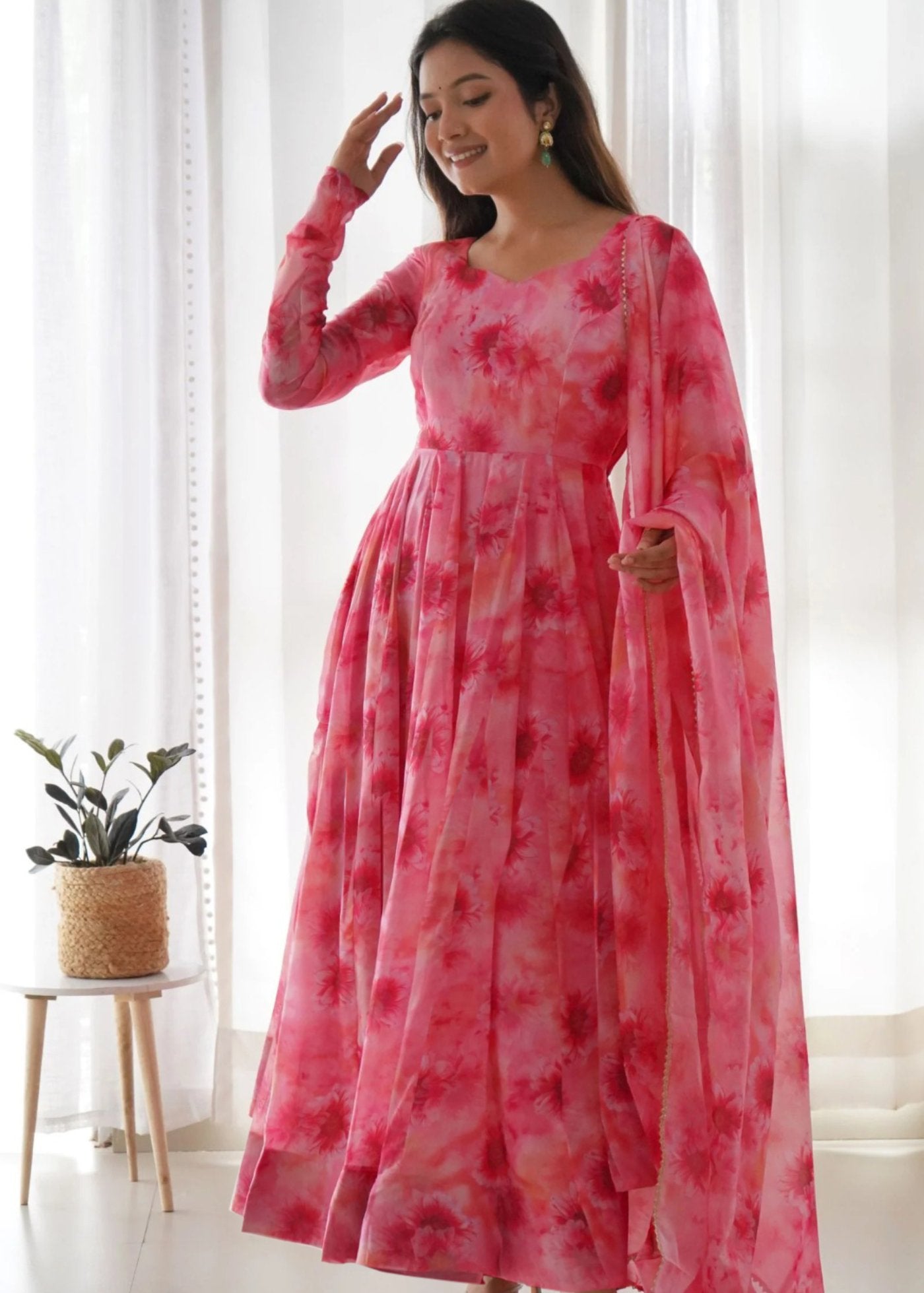 Printed Georgette Stitched Anarkali Gown With Dupatta