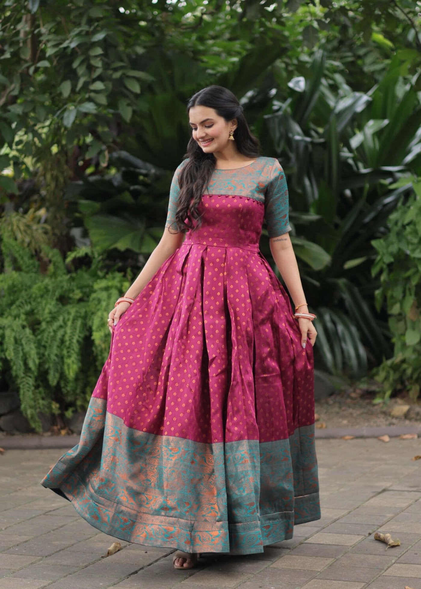 Women Woven Jacquard Stitched Anarkali Gown