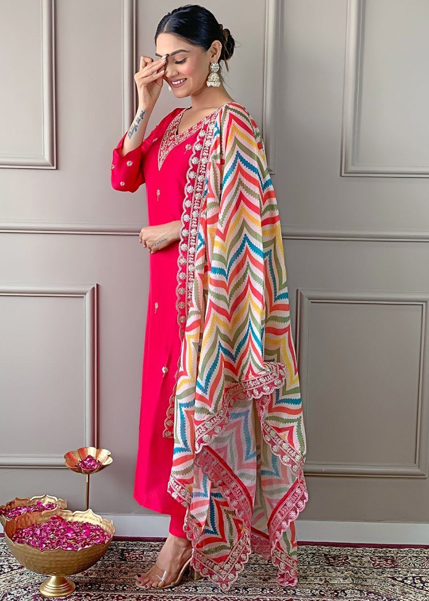 Women Pure Silk Annara kurta Pant Dupatta Set