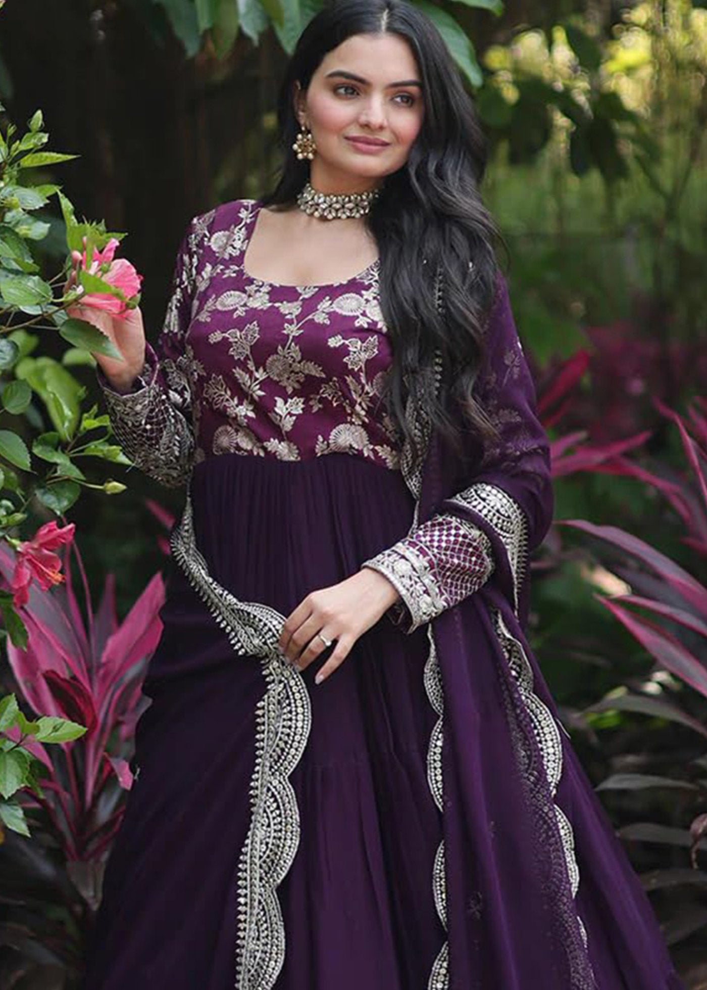 Woven Embroidered Georgette Art Silk Stitched Anarkali Gown